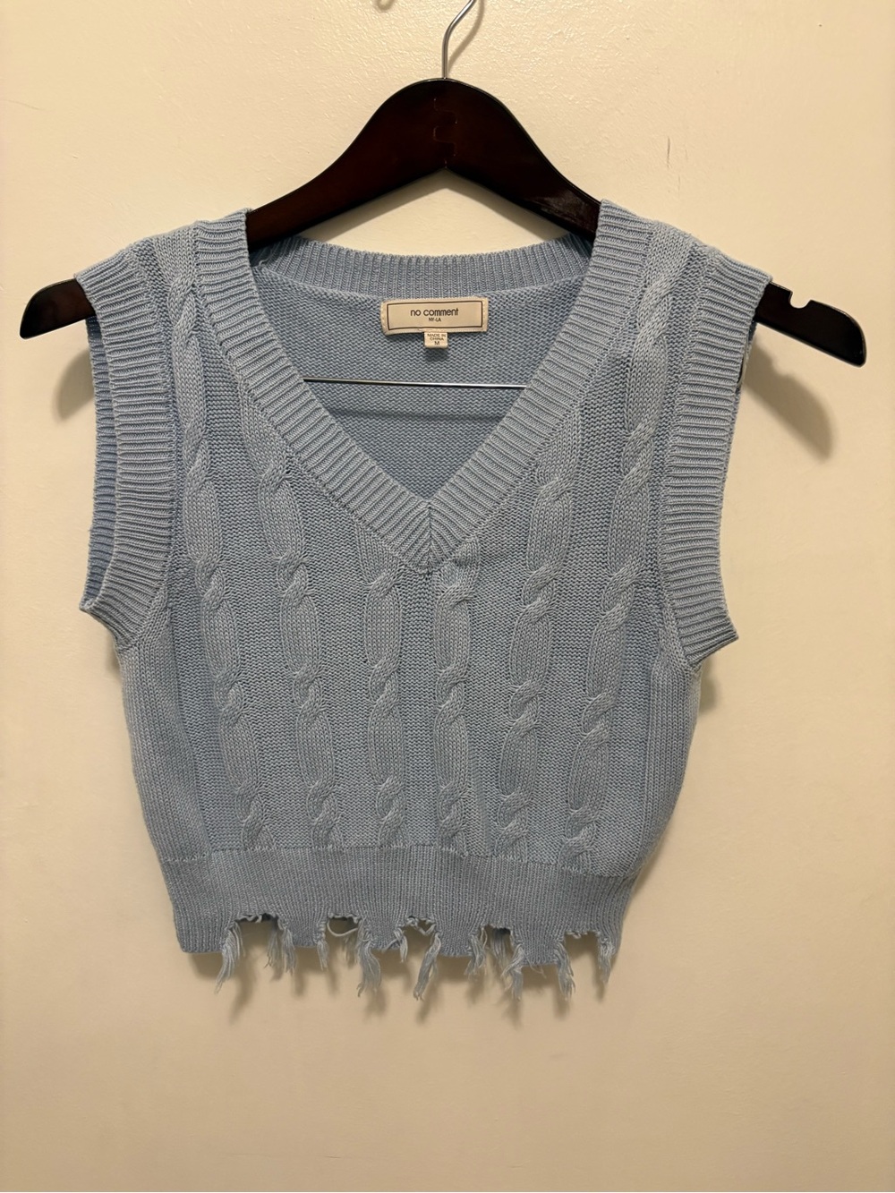 No Comment Vintage-Inspired Light Blue Cable Knit Crop Sweater Vest
